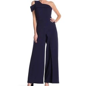 MARINA Navy One-Shoulder Wide-Leg Jumpsuit